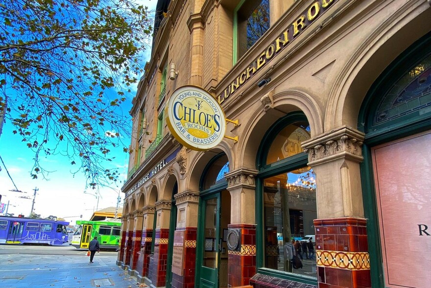 Exterior of Young & Jackson Hotel showing arched windows and Chole's bar street signage.