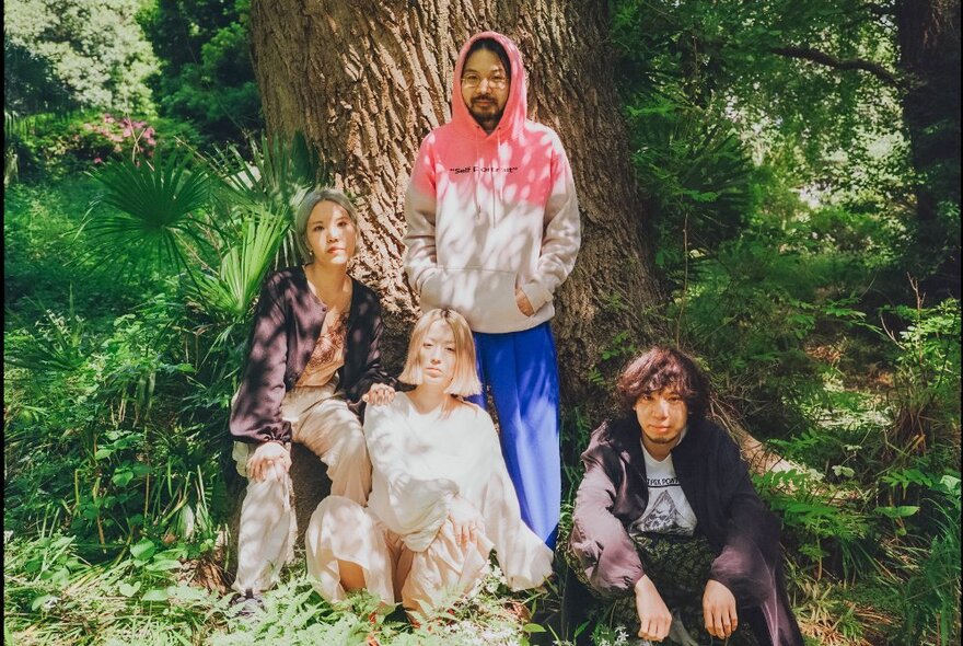 A group of four people posing in dappled sunshine against the backdrop of a big tree trunk in a forest setting.