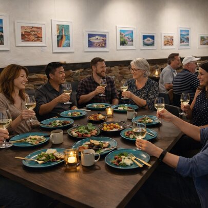 A group of eight people enjoying a meal together at a table in a restaurant, all holding up a wine glass.