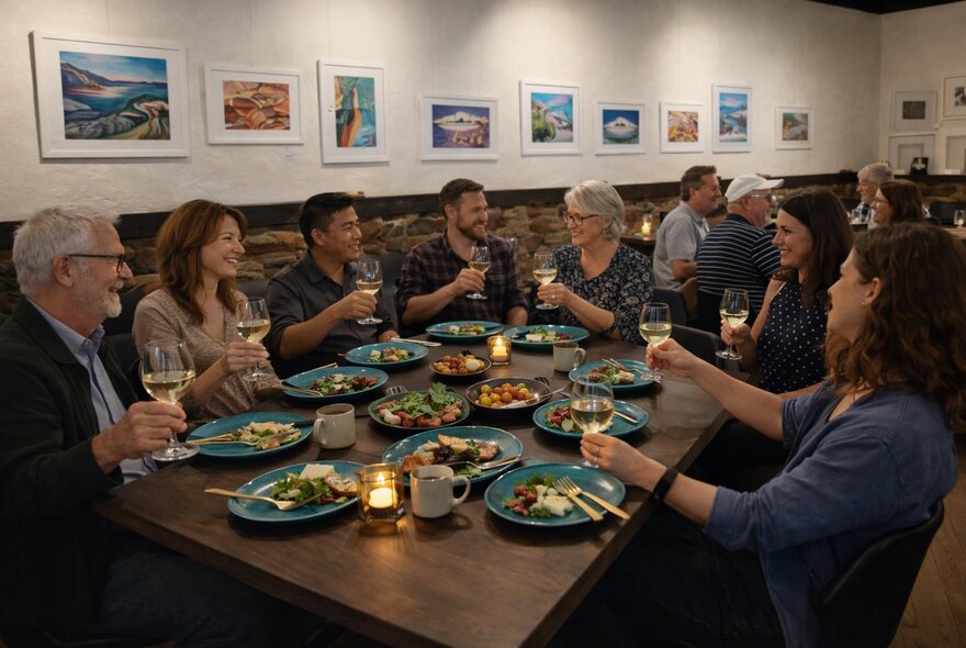 A group of eight people enjoying a meal together at a table in a restaurant, all holding up a wine glass.
