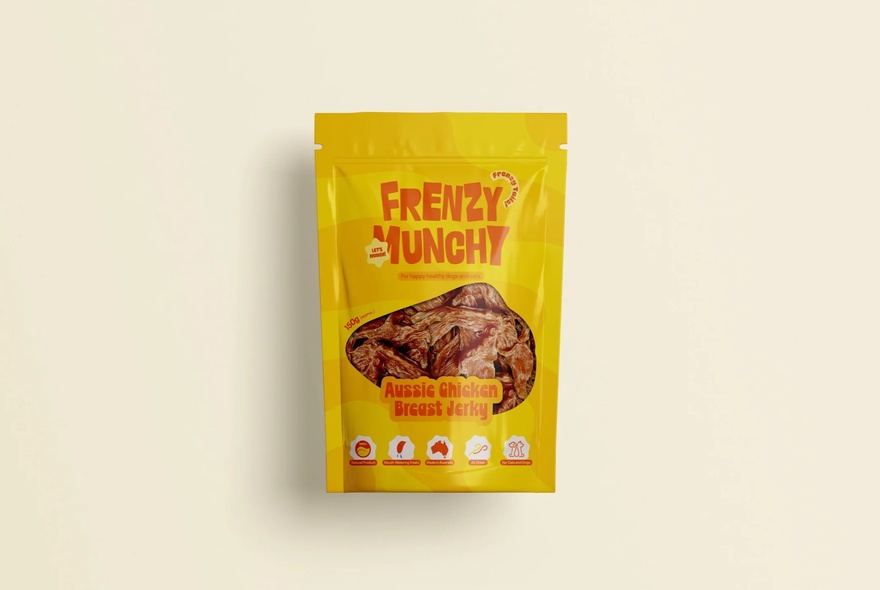 A yellow packet of dog treats called 'Frenzy Munchy'.