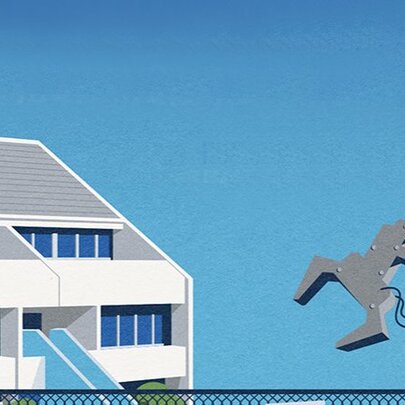 Illustration of a crane looming over a public housing apartment building.