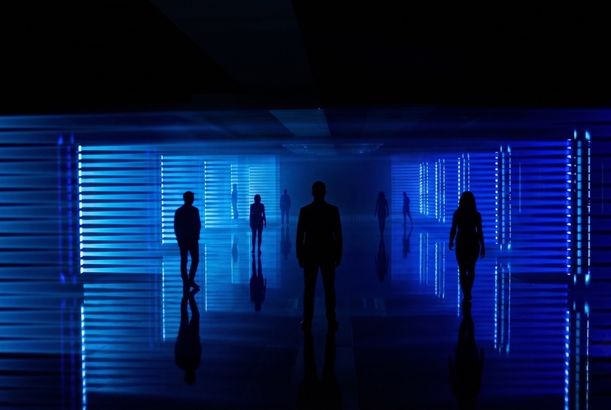 A light show experience with people walking through a darkened space with a deep blue light illuminating them.