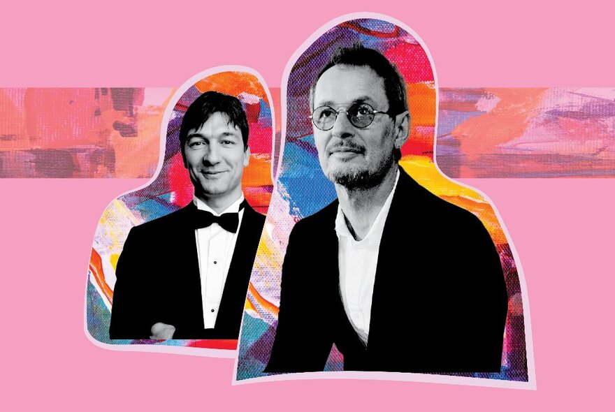 Violinist Richard Tognetti and pianist Konstantin Shamray, both wearing suit jackets, positioned against a bright and colourful background.