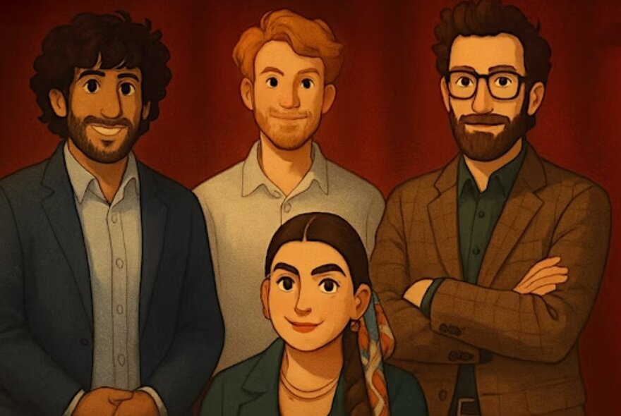 Drawing of an Indian girl in front of three men with folded arms.