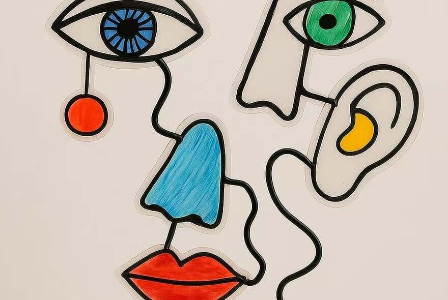 Cubist image of a face with wiggly lines connecting features.