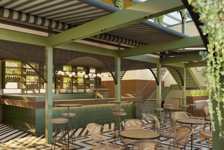 An open-air rooftop bar with a green interior, outdoor furniture and foliage.