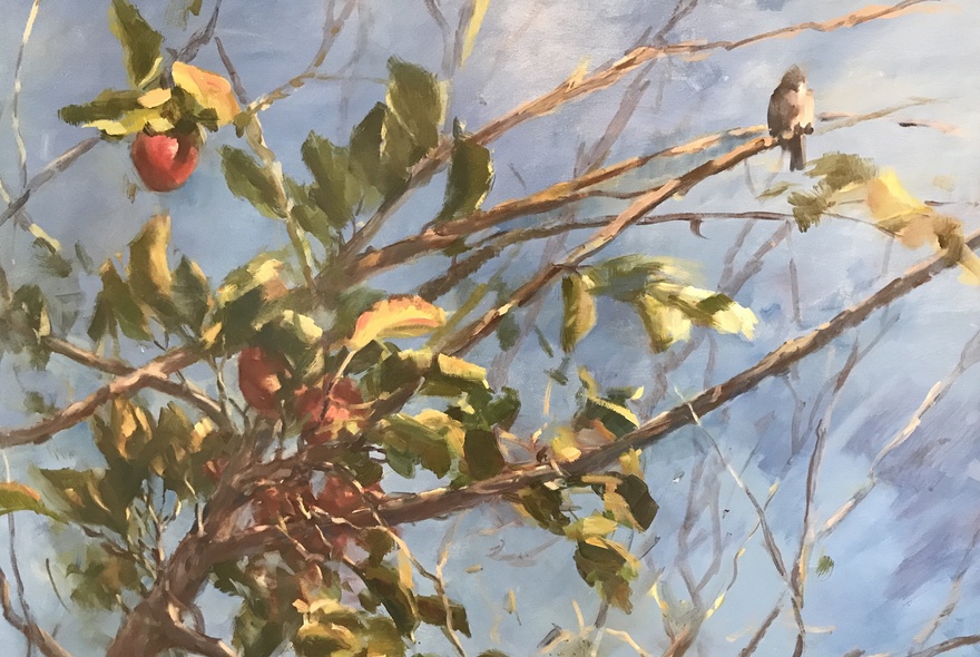 Painting of a branch with berries against blue sky.
