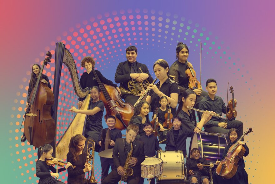 A collage of young musicians playing musical instruments set against a pastel coloured background.
