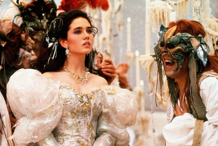 A fairy-tale princess character wearing a flounced gown.