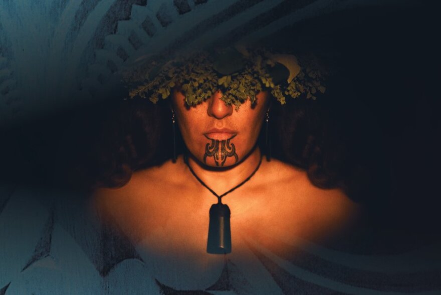 A Māori woman with a moko kauae (traditional chin tattoo) in a vignetted photograph.  