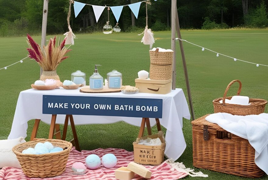 A DIY bath bomb station set up on the grass in a park, with lots of picnic items surrounding it.