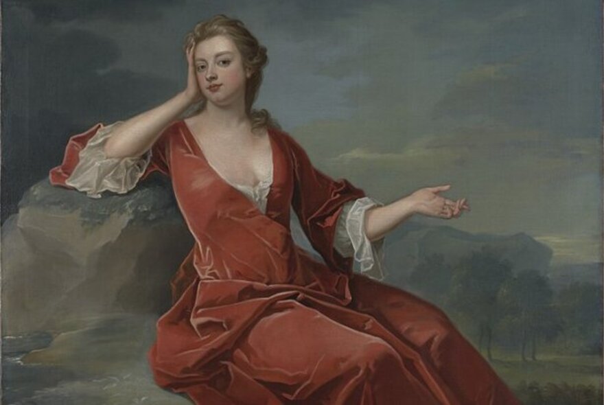 Painting of Duchess of Marlborough wearing a brown velvet gown with a pastoral landscape in the background.