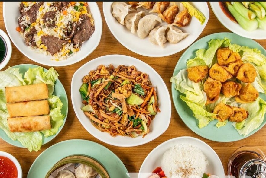 Looking down on a table set with many plates of Chinese food, including spring roles, dumplings and noodles. 