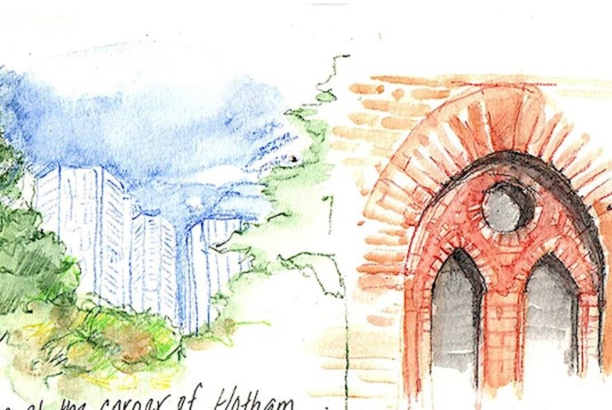 Watercolour travel sketch with detail of church and city skyline.