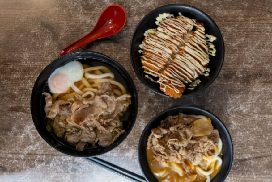 Dishes of Japanese noodles and meat.