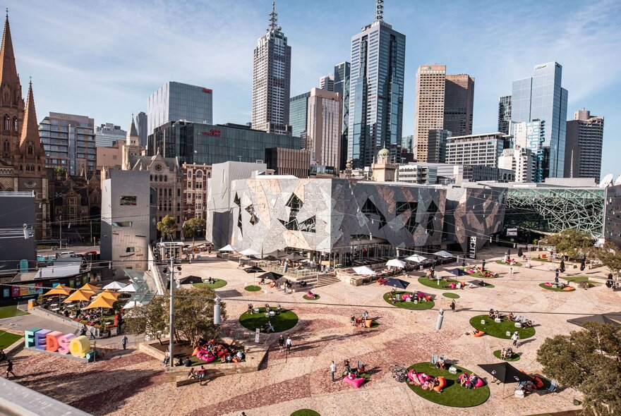 Aerial view of Fed Square showing the open air plaza and city buildings in the background.