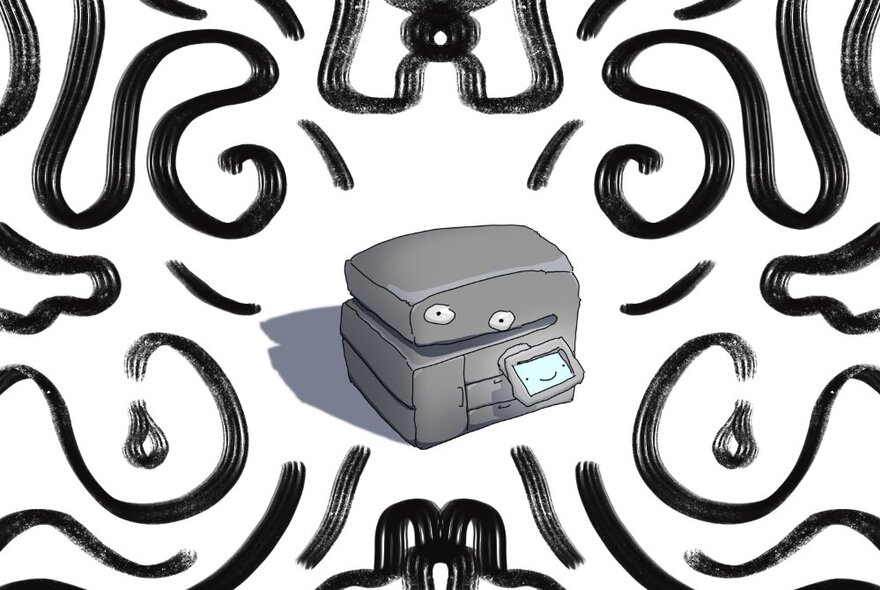 Drawing of a photocopier with two eyes drawn on the side of it so that the machine looks like a smiling face, surrounded by black squiggly lines.