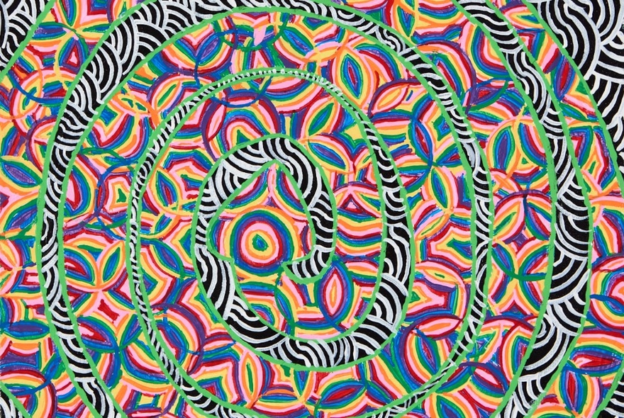 Artwork depicting a green spiral shape or coiled snake motif against a brightly coloured background.