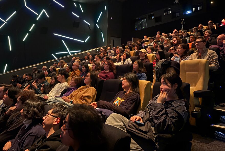 Audience seated in a cinemal with the house lights up. 