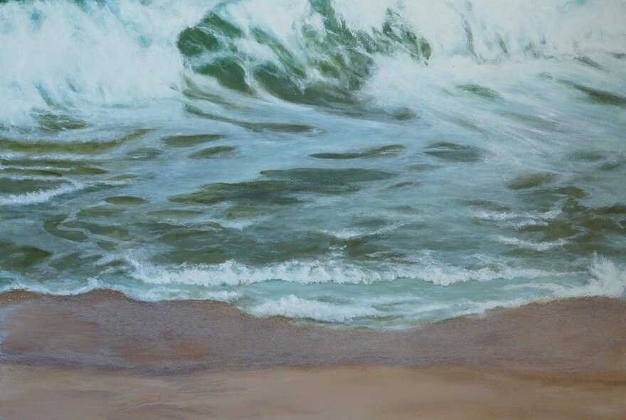 Painting of breaking waves on the shoreline.