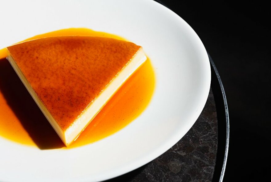 Slice of caramel custard.