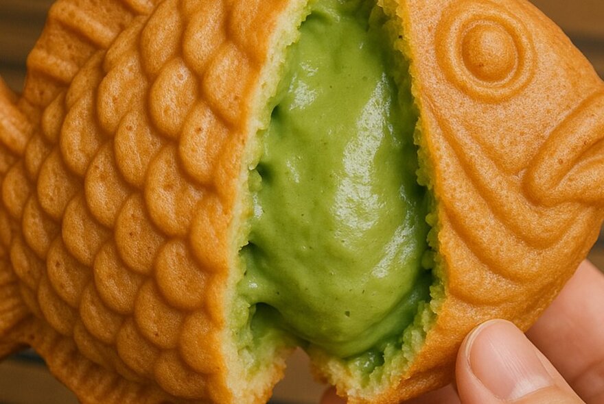 A fish-shaped snack being pulled apart to reveal the green matcha interior.