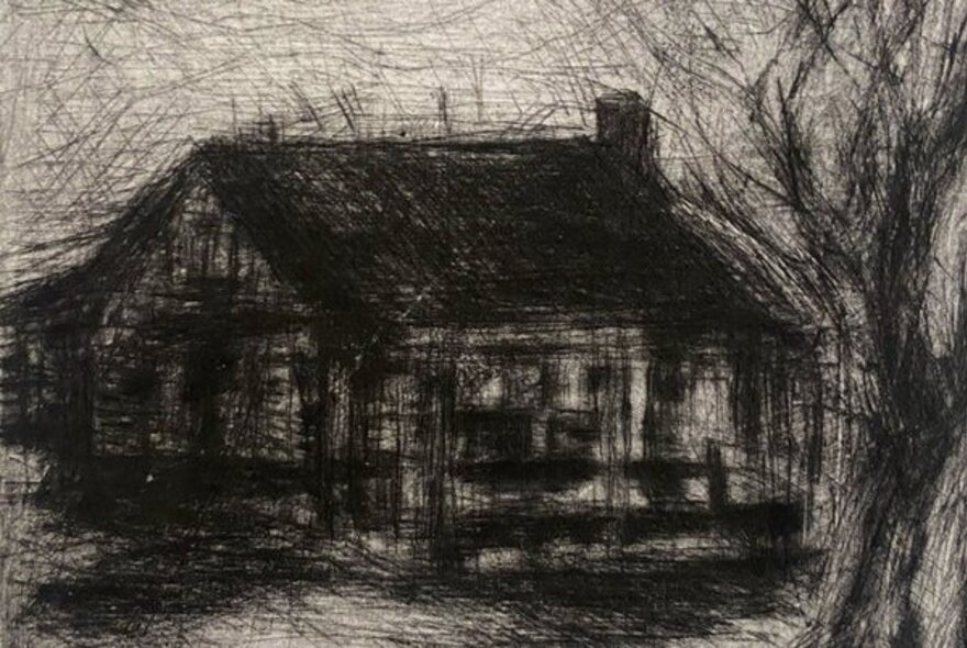 A drypoint etching in monotones depicting a house and a tree.
