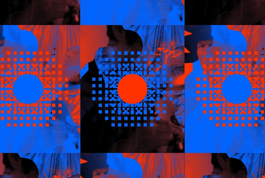 Artwork depicting three panels of circles surrounded by patterns in red and blue. 