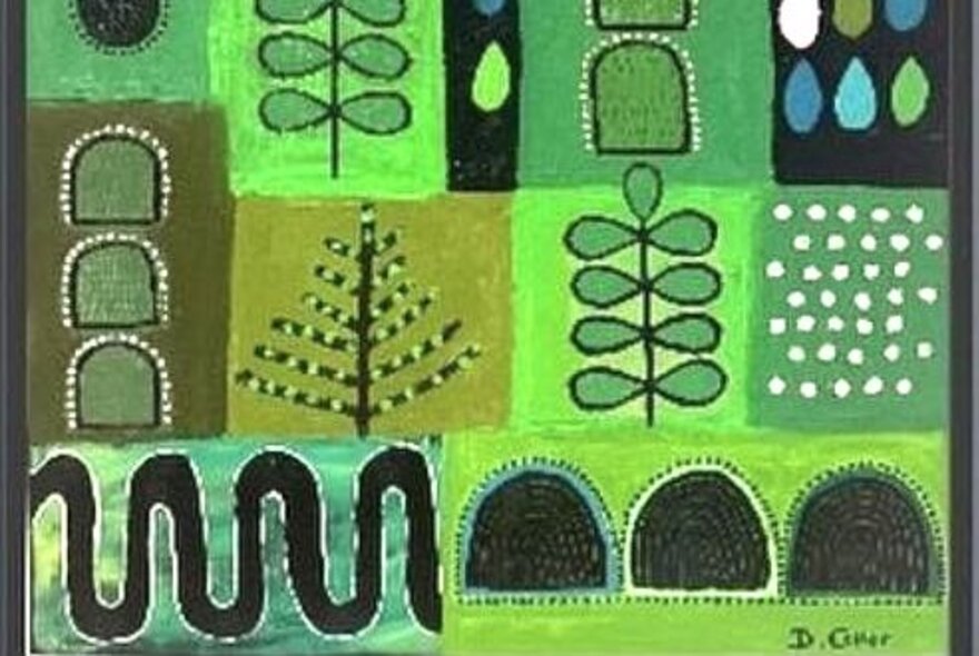 An painting featuring abstract geometric and organic shapes in varying shades of green, black, and blue.