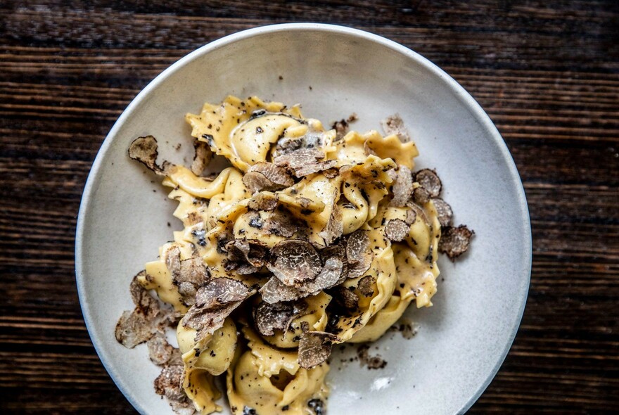 Plate of pasta with mushrooms.