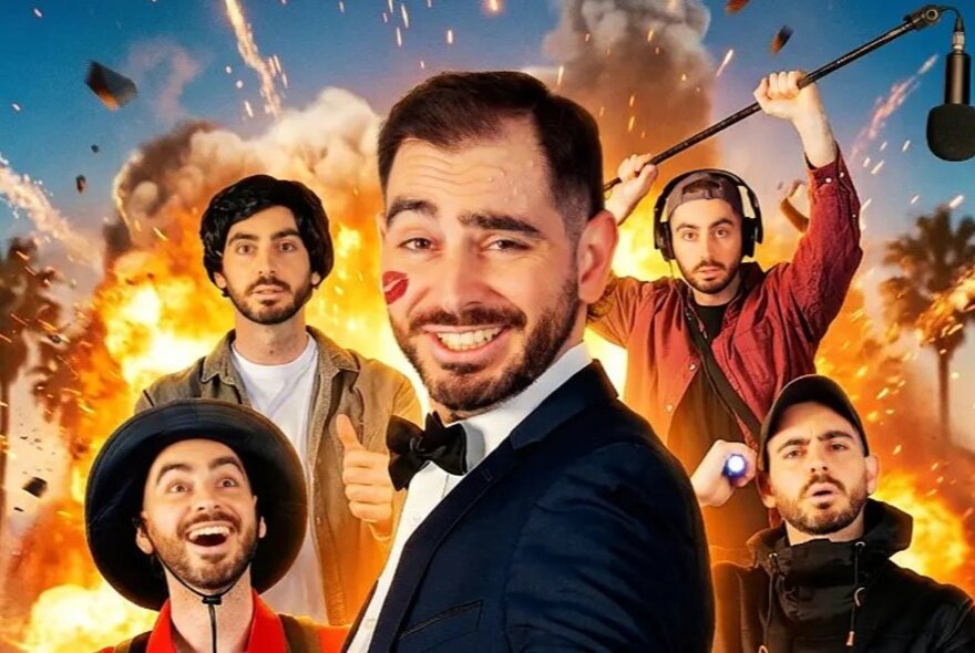 A collage image of five portraits of the same man in various costumes, including James Bond, sound guy, tourist; with an explosion in the background.