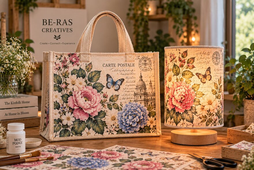 A tote bag and a lampshade decorated with butterflies, and flowers using decoupage techniques.