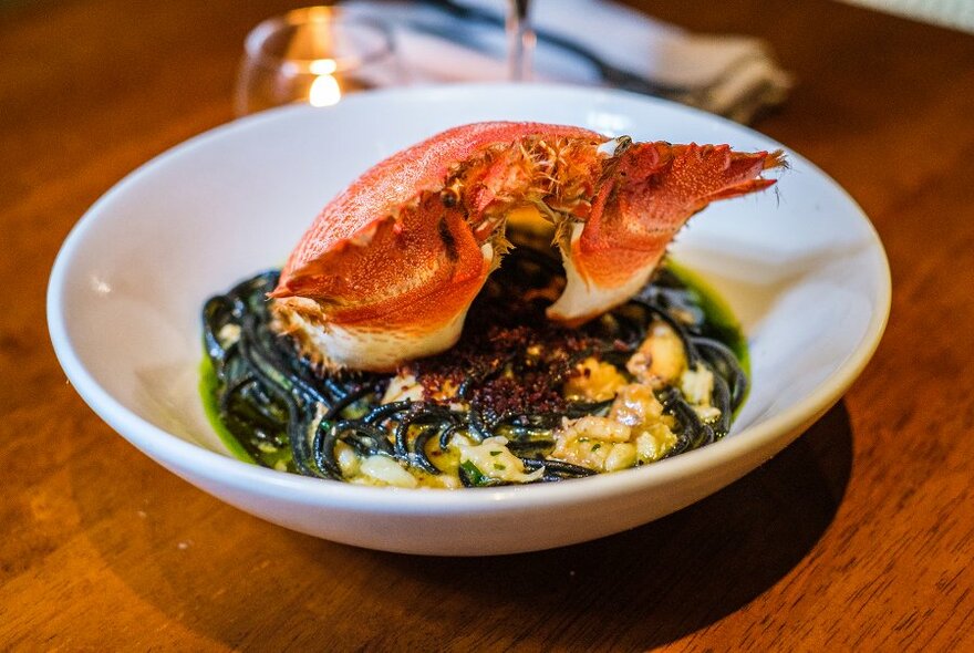 A bowl of squid ink pasta topped with crab. 