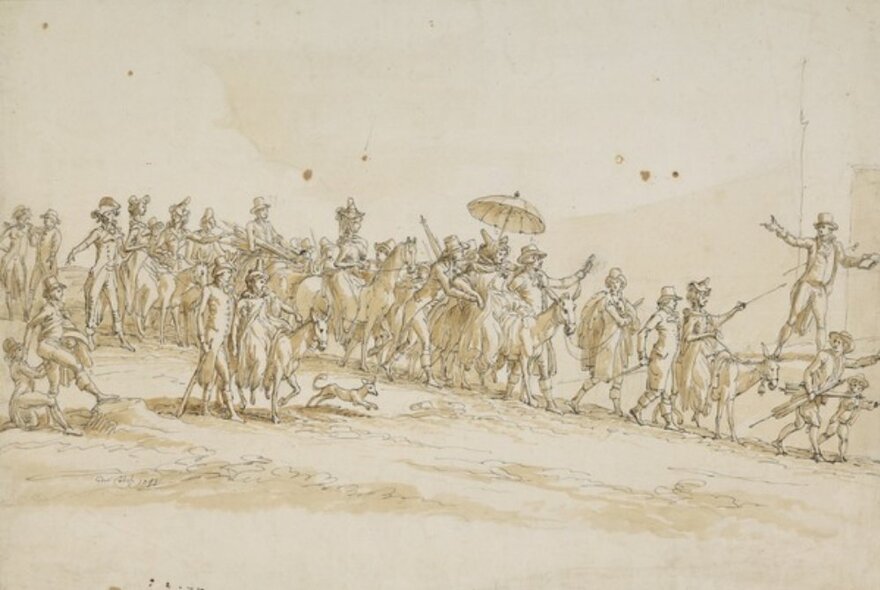 A hand-drawn depiction of women travelling through Europe with a large entourage.