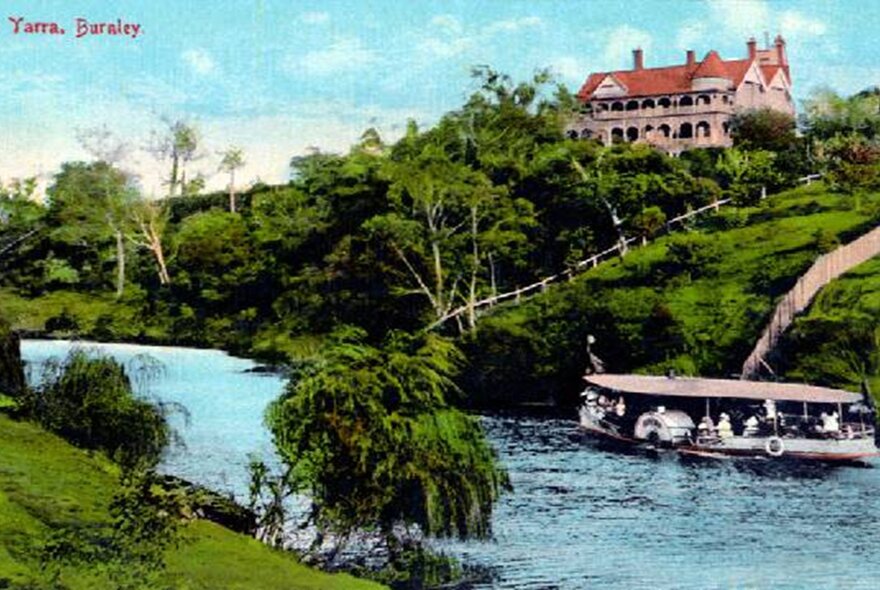 A ferry on the Yarra River, a green hilly bank and a stately building on one side, captured in a vintage tinted postcard format. 