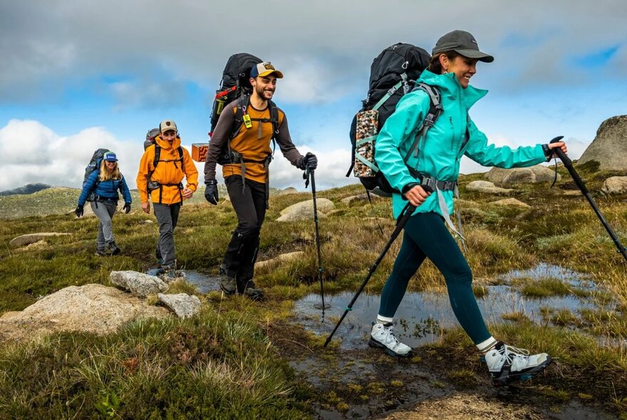 Four people hiking a trail with hiking sticks and backpacks.