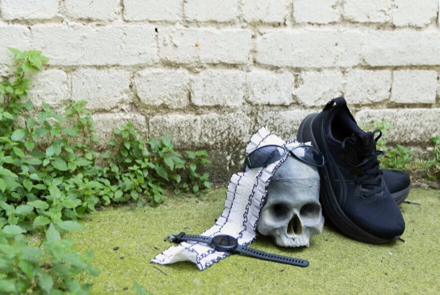 Hmlet props including a blue skull, runing shoes and a watch.