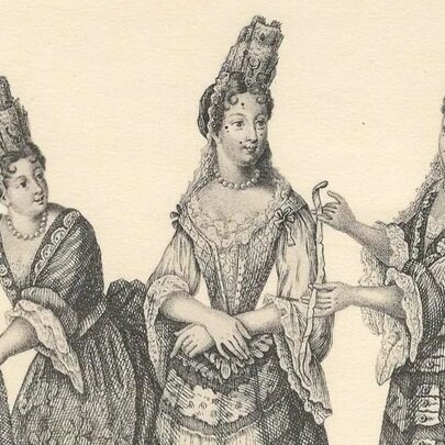 A highly detailed hand-drawing of three elaborately dressed women of the 17th century Royal Court of England.