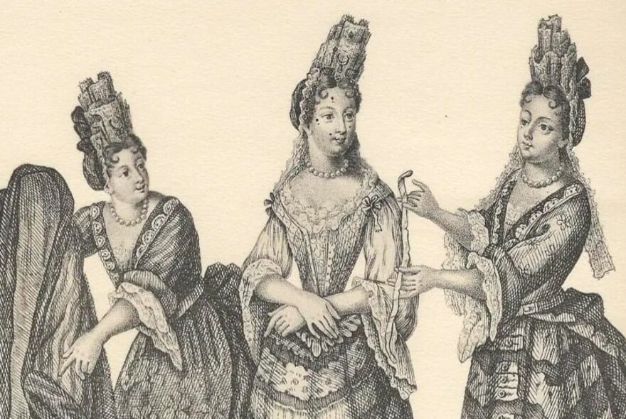 A highly detailed hand-drawing of three elaborately dressed women of the 17th century Royal Court of England.
