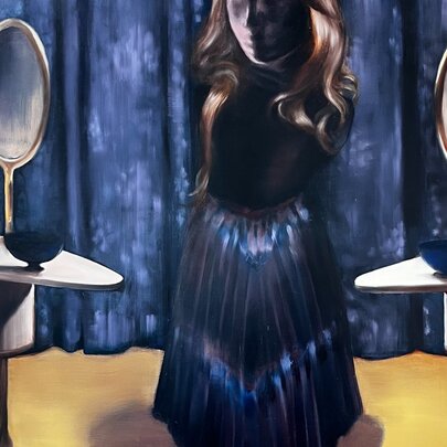An oil painting featuring a central, shadowy figure standing between two identical vanity tables against a dark blue curtain backdrop.