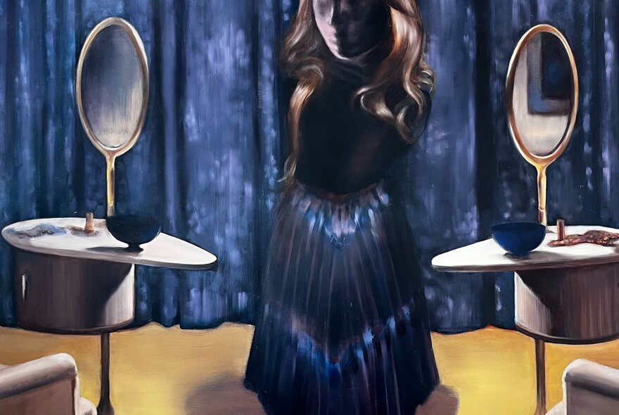An oil painting featuring a central, shadowy figure standing between two identical vanity tables against a dark blue curtain backdrop.