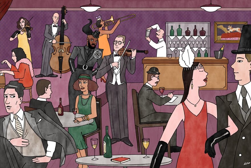 An illustration of French cocktail bar in the 1920s with a band playing a people mingling.