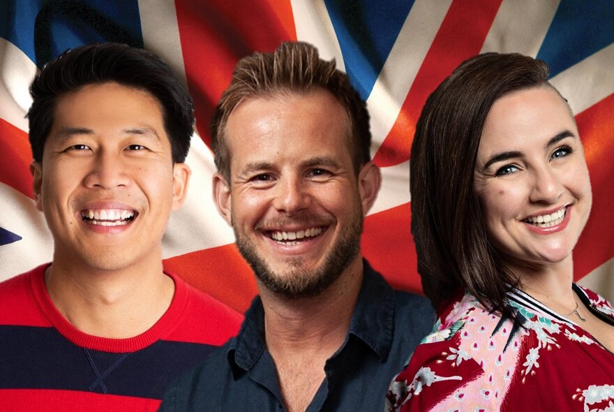 Three comedians smiling with a Union Jack background.