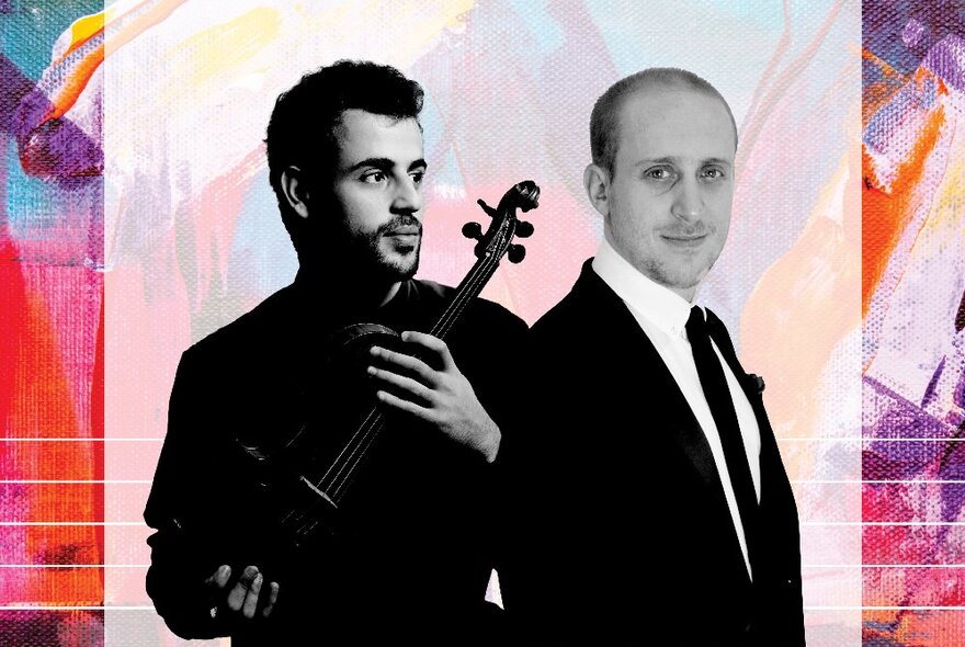 Solo violinist, Yamen Saadi, wearing all black, next to Australian pianist, Simon Tedeschi, wearing a black suit and tie, against a colourful abstract background. 