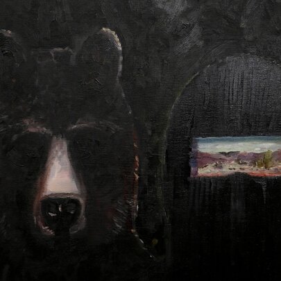 A painting of a bear's face alongside a helmeted person with a landscape painted into the rectangular eye opening.