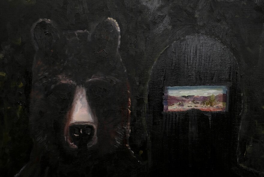 A painting of a bear's face alongside a helmeted person with a landscape painted into the rectangular eye opening.