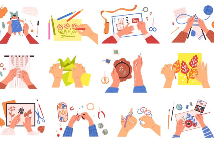 Colourful illustration of multiple hands working on assorted craft projects, including sewing, cutting and pasting, decoupage, drawing  and others.
