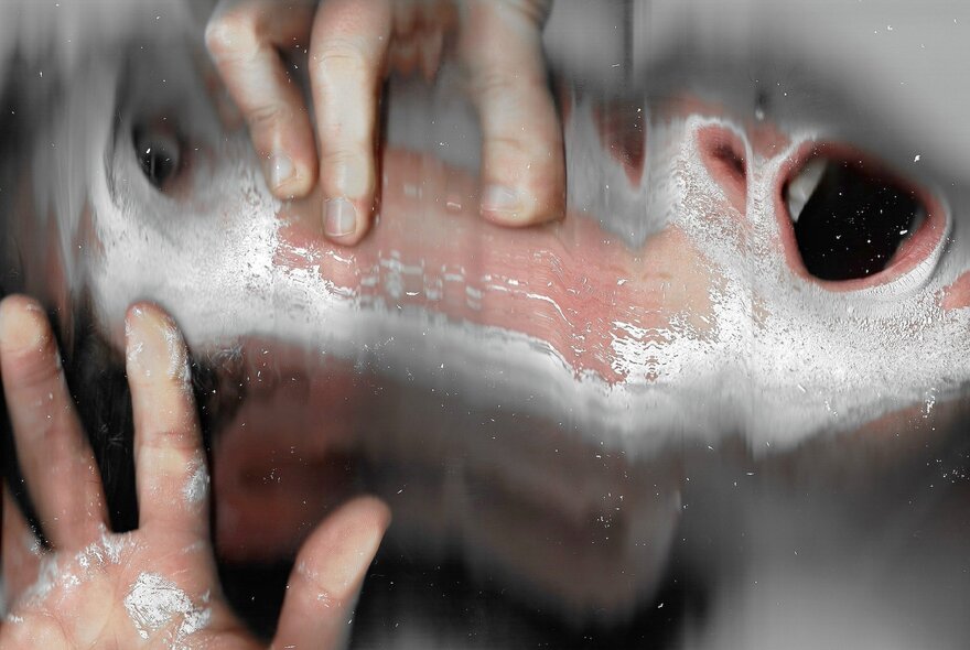 A stretched, elongated and distorted face  covered in white paint or foam, with an mouth and fingers pressed up around and on the face.