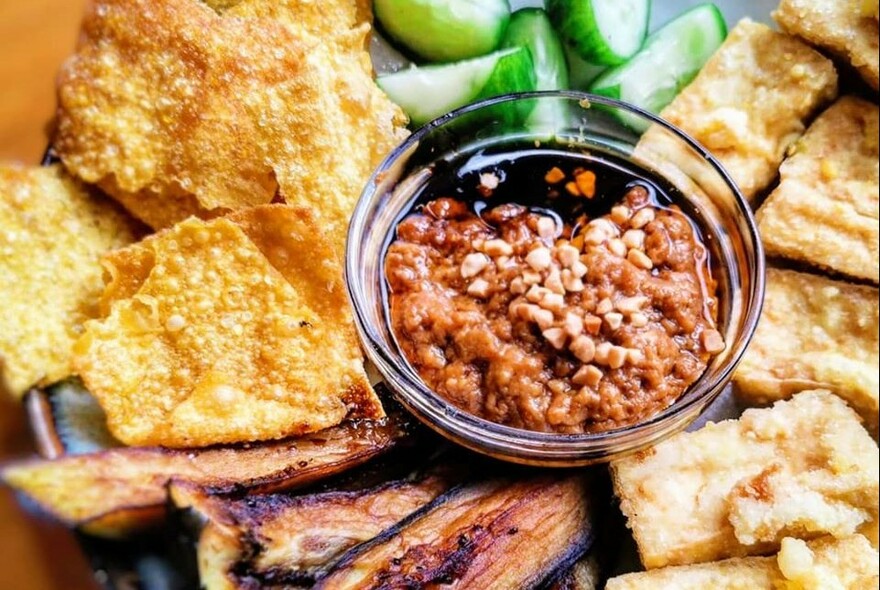 A plate of Malaysian food. 